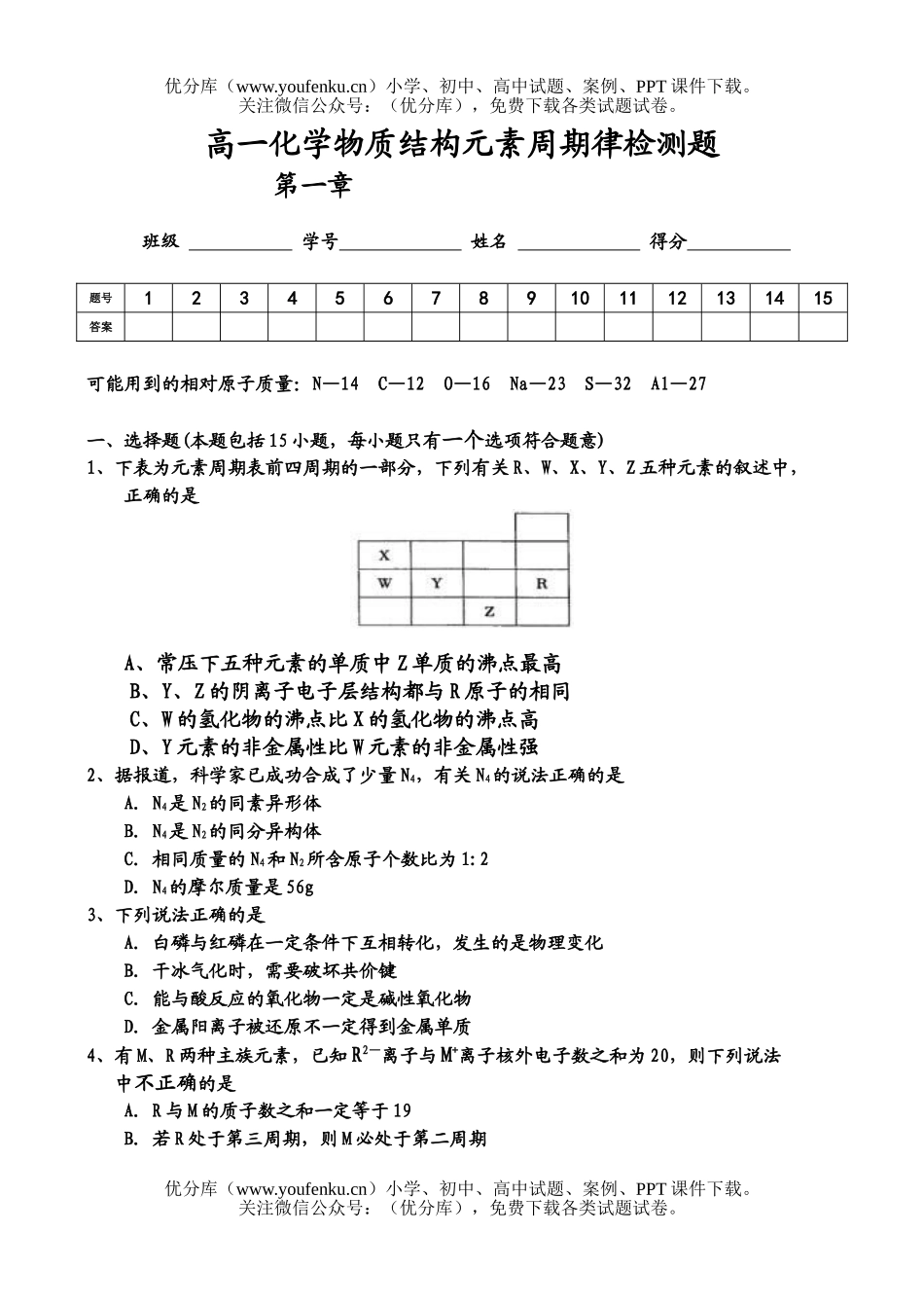 高中一年级化学物质结构元素周期律检测题试卷_第1页