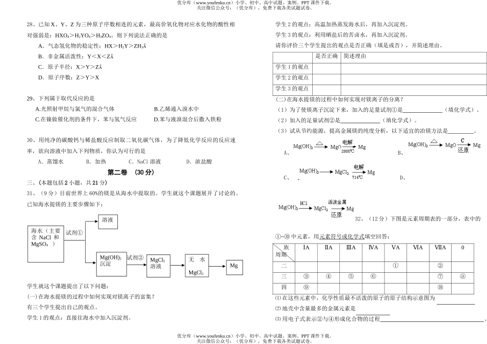 高中一年级化学模块学业考试2试卷_第3页