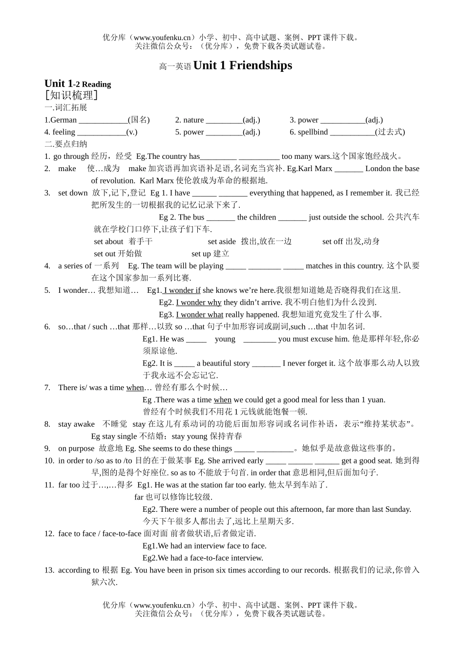 高中一年级英语Unit 1 Friendships试卷_第1页