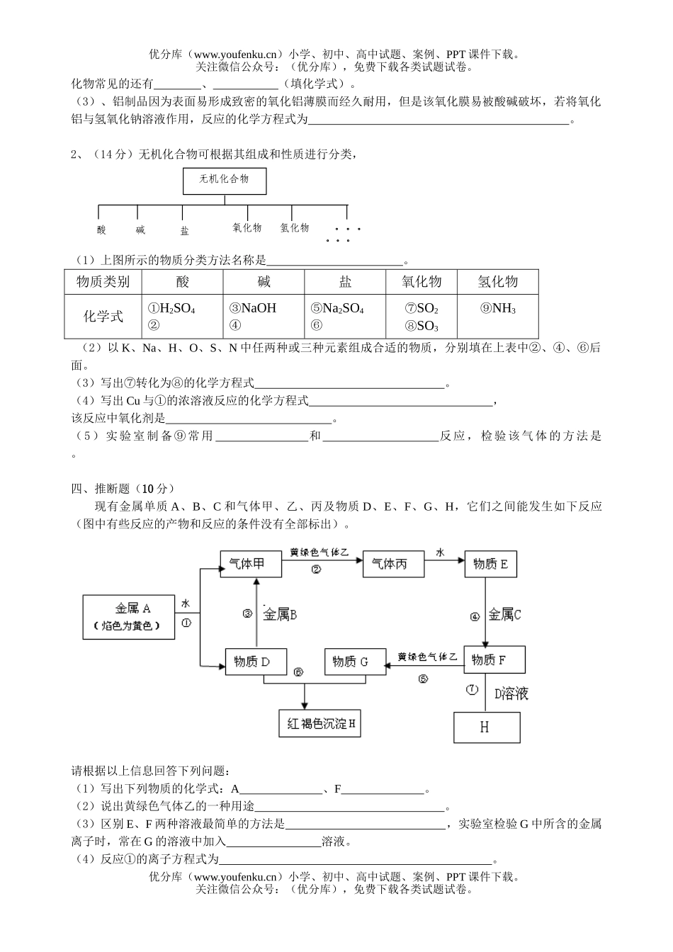 高中一年级化学高第一学期期末考试2试卷_第3页