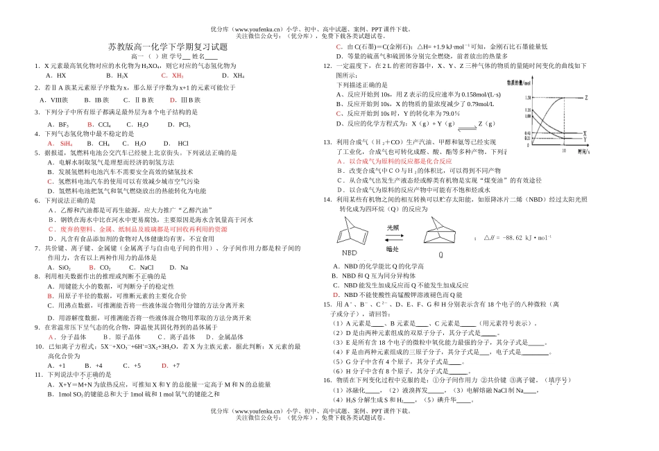 高中一年级化学苏教版下学期复习试卷_第1页