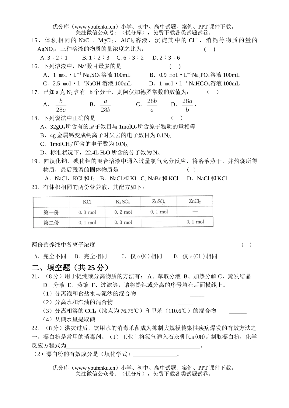高中一年级化学第一学期六校联考期中试卷_第2页