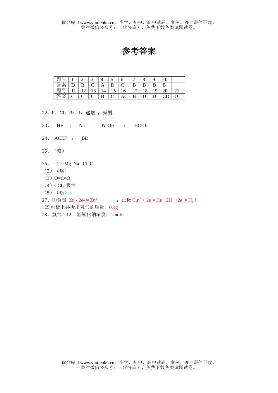 高中一年级化学第二学期期中考试练习题3试卷_第3页