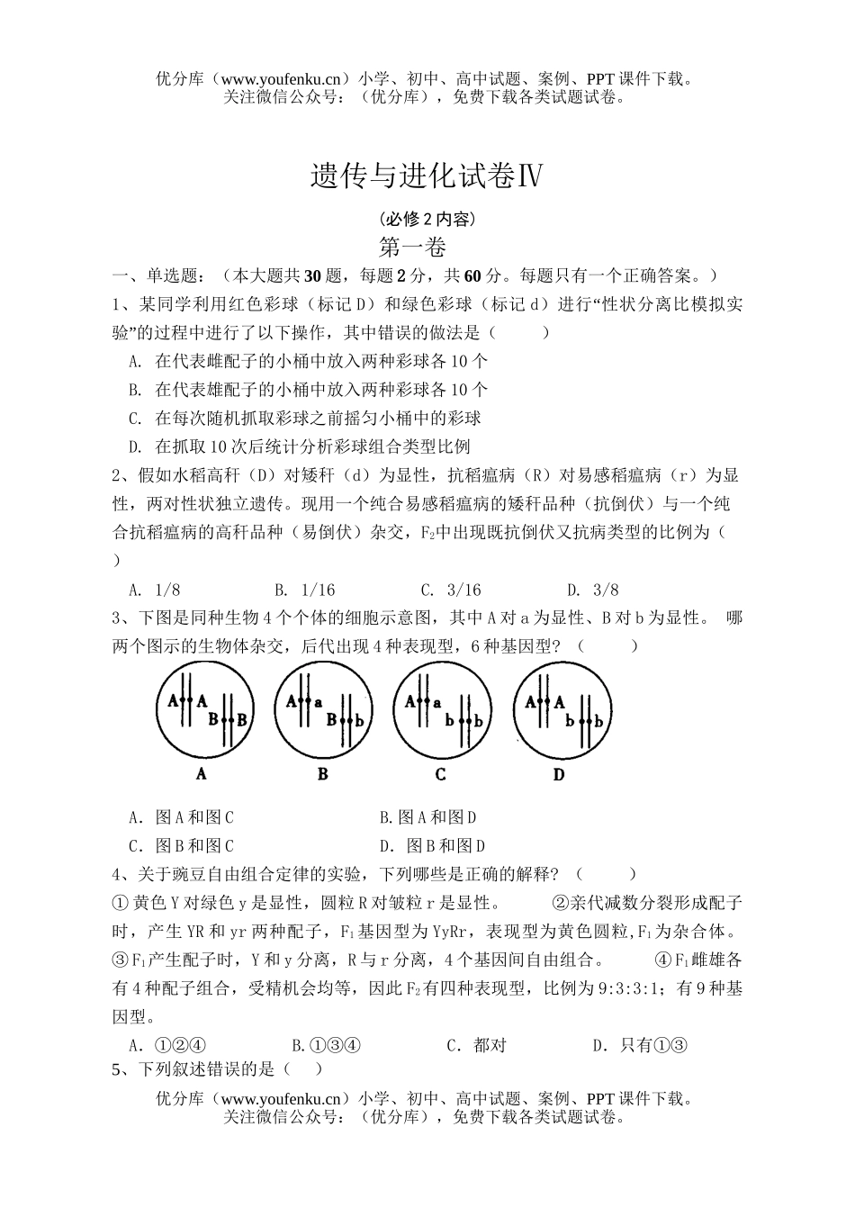 高中一年级生物遗传与进化4试卷_第1页