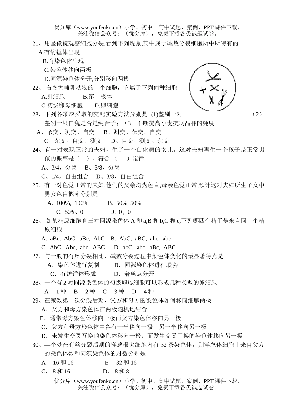 高中一年级生物遗传因子的发现测试卷_第3页