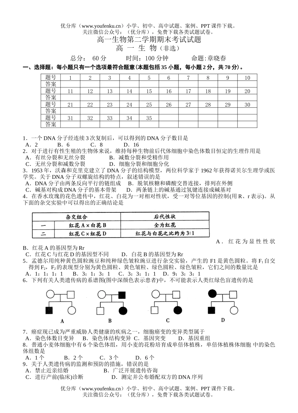 高中一年级生物第二学期期末考试卷_第1页