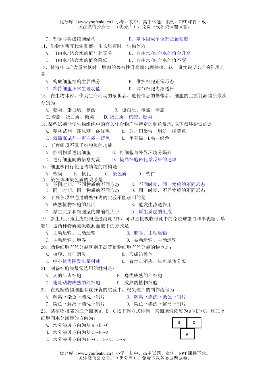 高中一年级生物第一学期期末调研测试卷_第2页