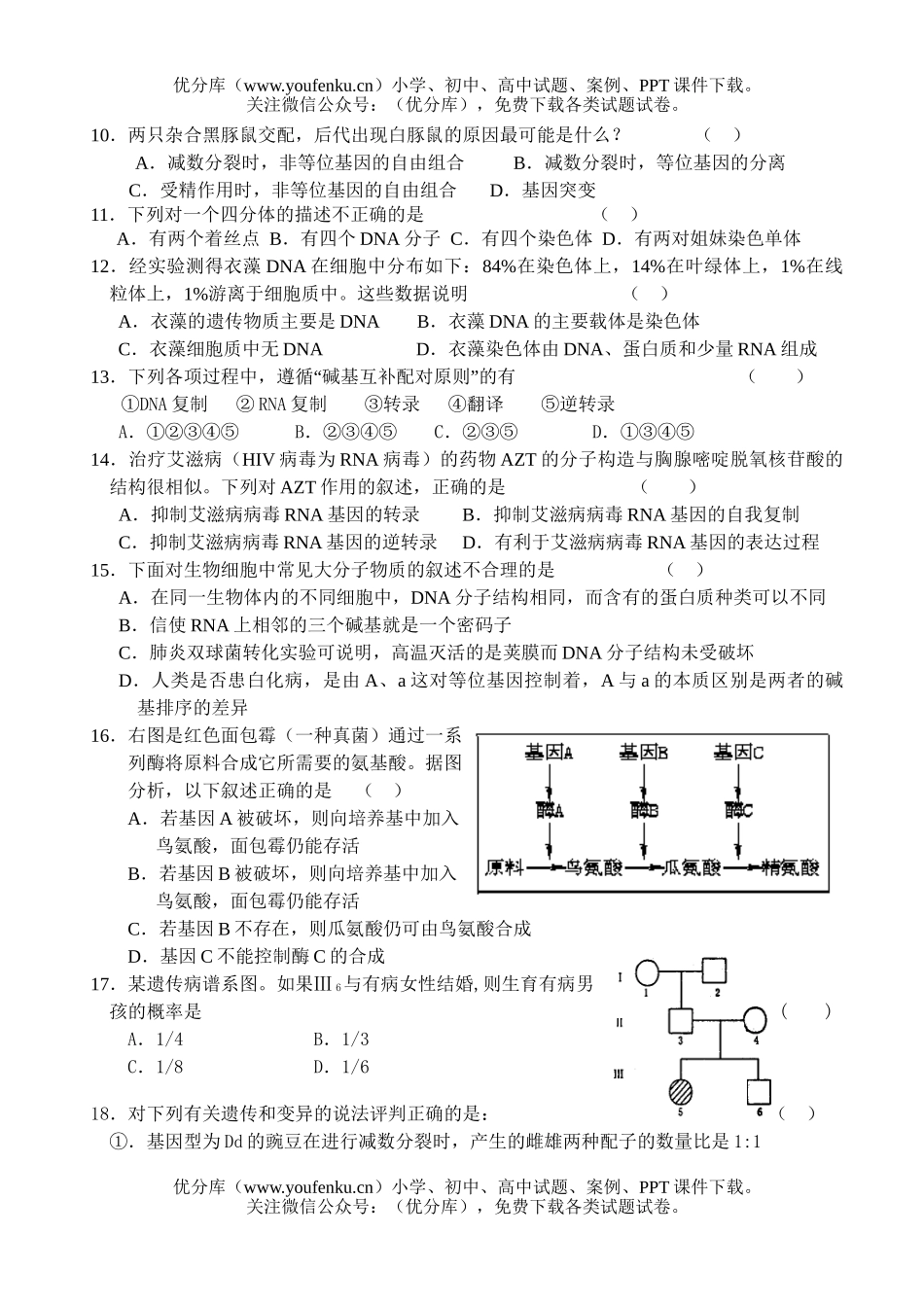 高中一年级生物高第二学期期中考试1试卷_第2页