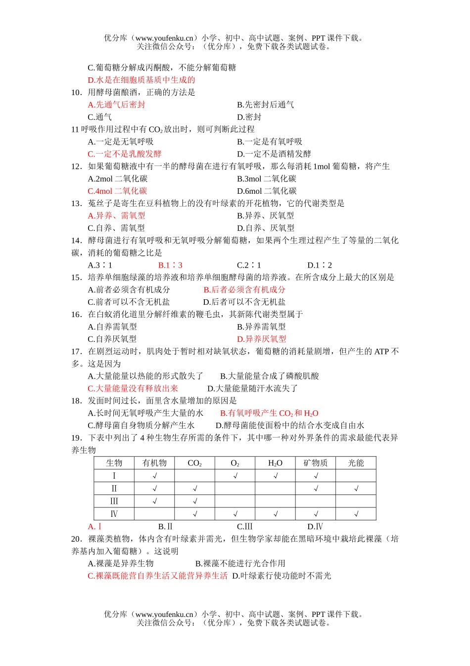 高中一年级生物细胞呼吸和新陈代谢类型训练题试卷_第2页