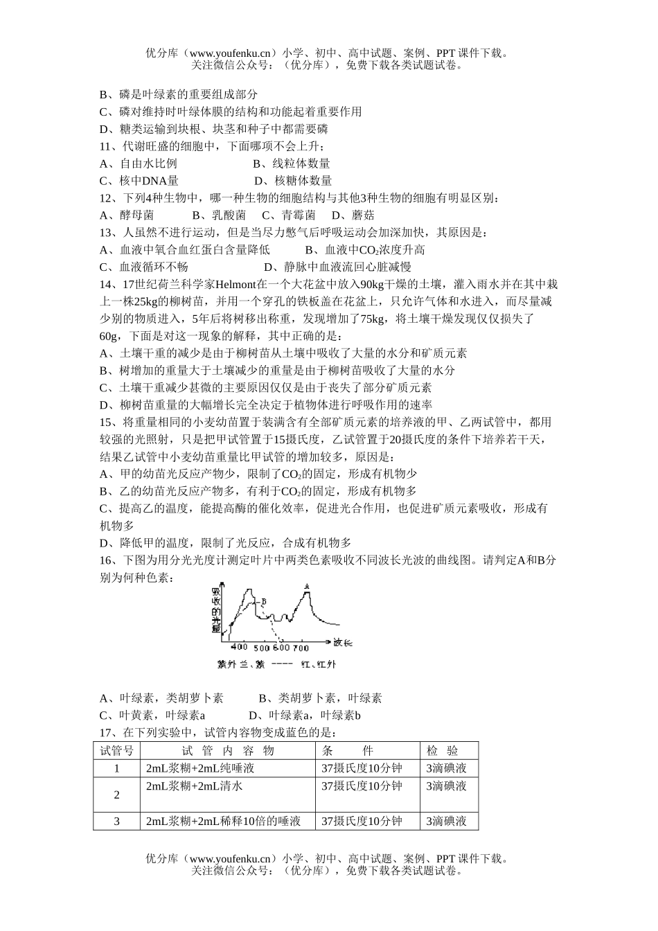 高中一年级生物第一册综合训练题试卷_第1页