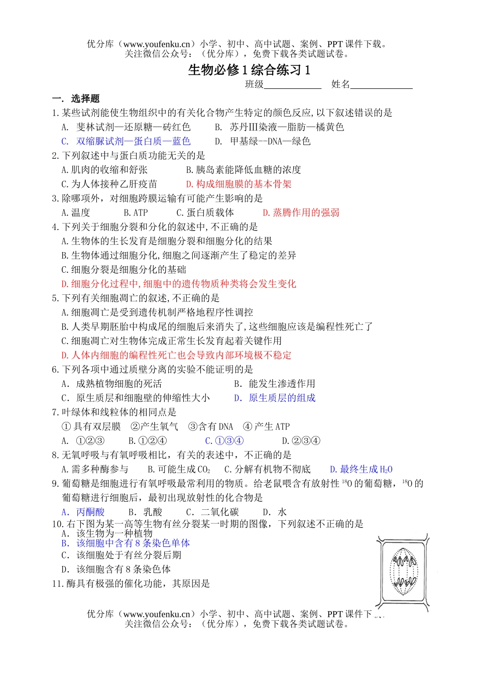 高中一年级生物必修1综合练习3试卷_第1页