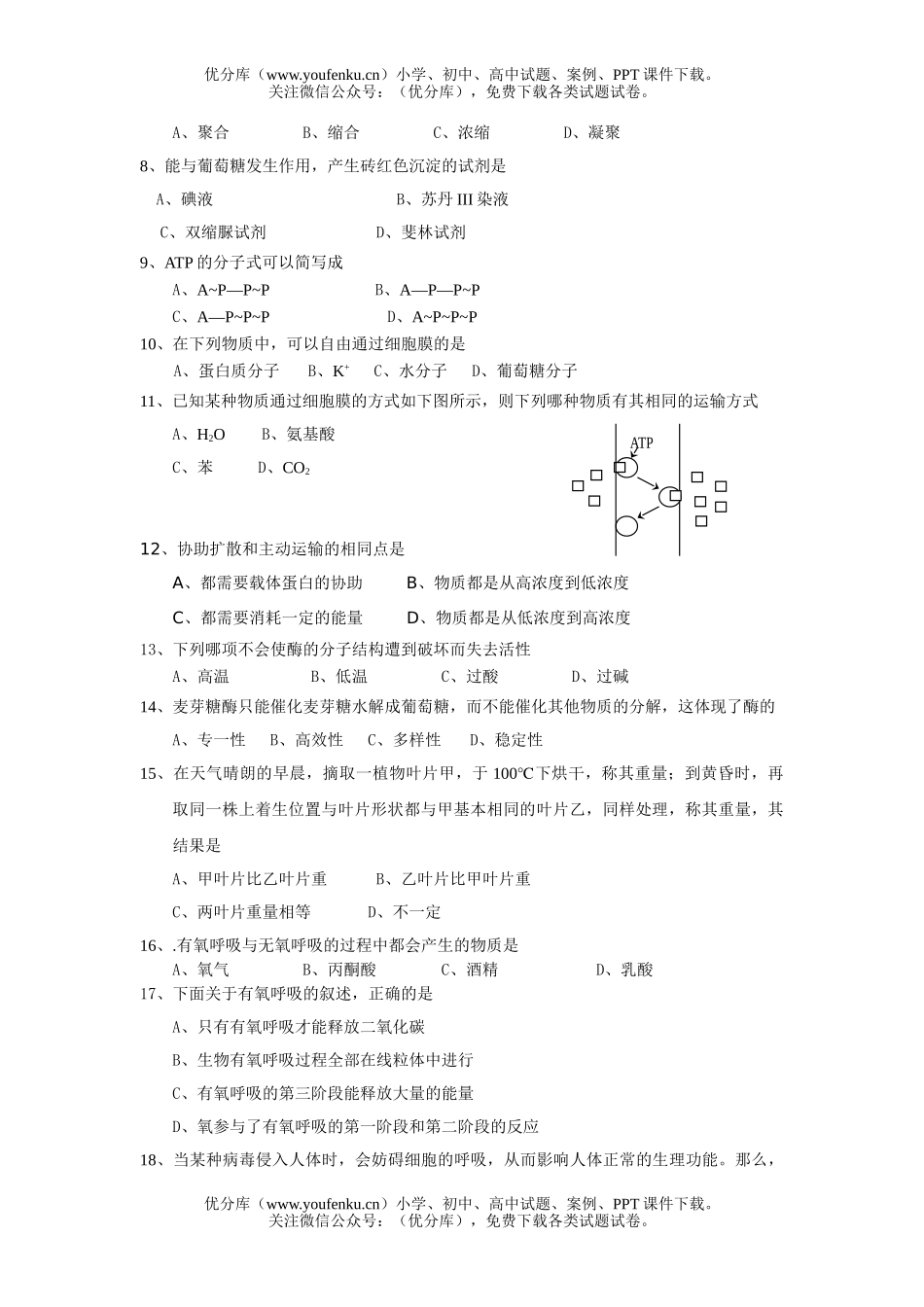 高中一年级生物第一学期期末学业评价试卷_第2页
