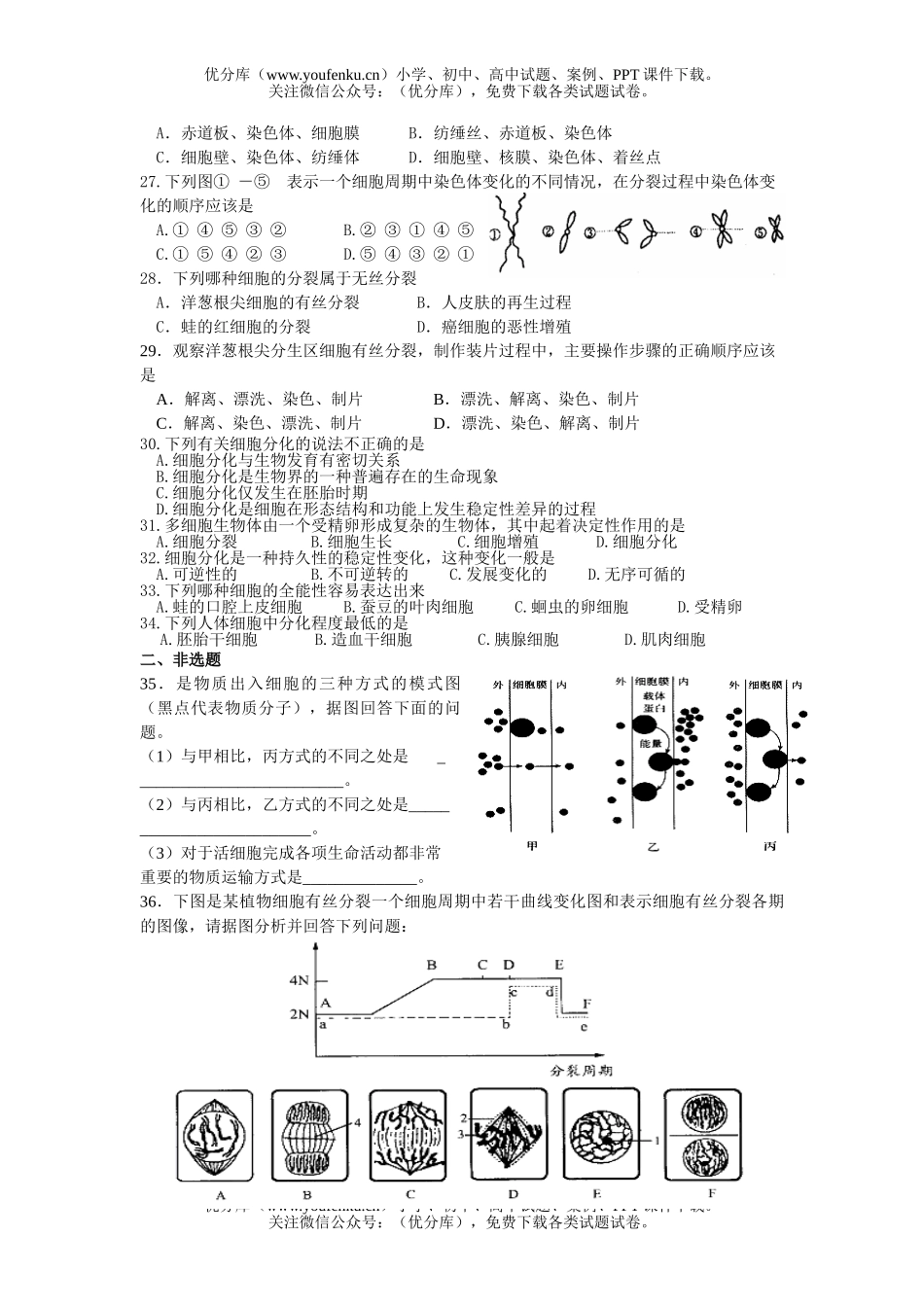 高中一年级生物 必修1第4-6章综合练习试卷_第3页