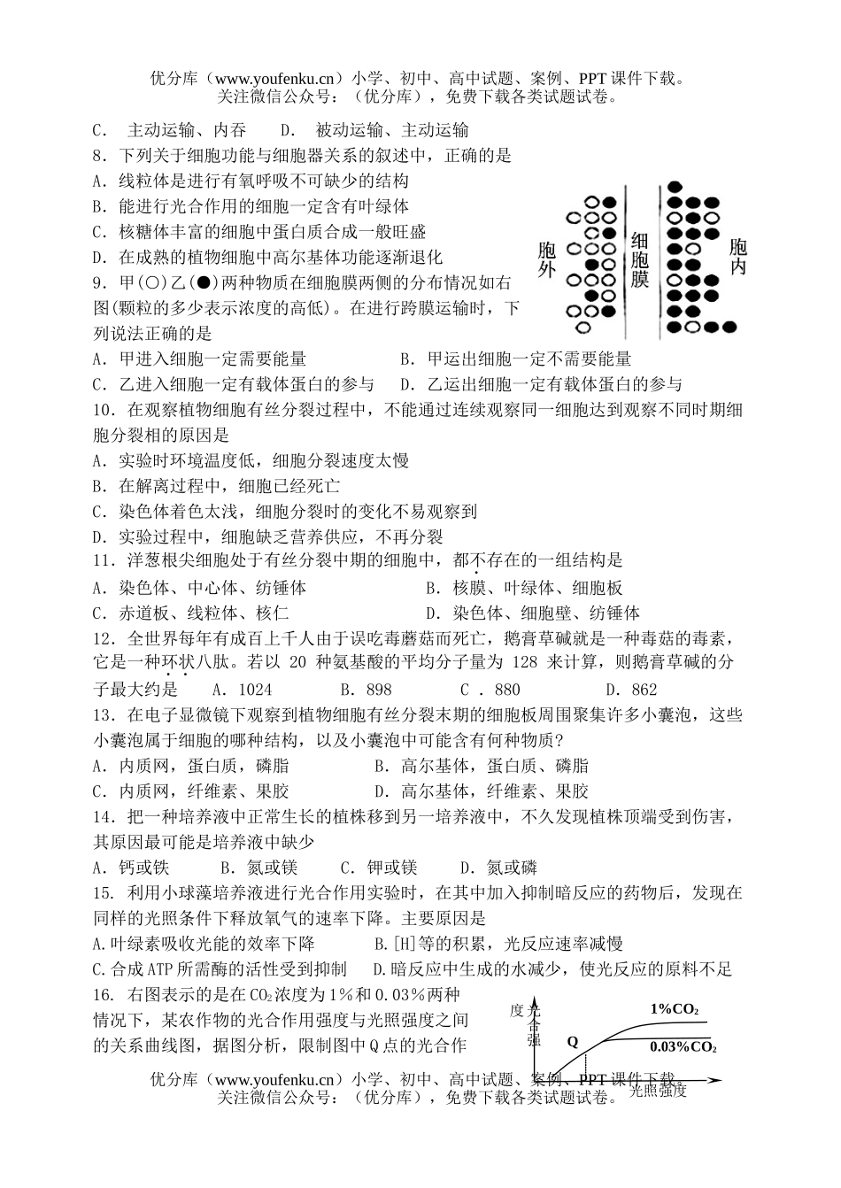 高中一年级生物第一学期期末考试卷_第2页