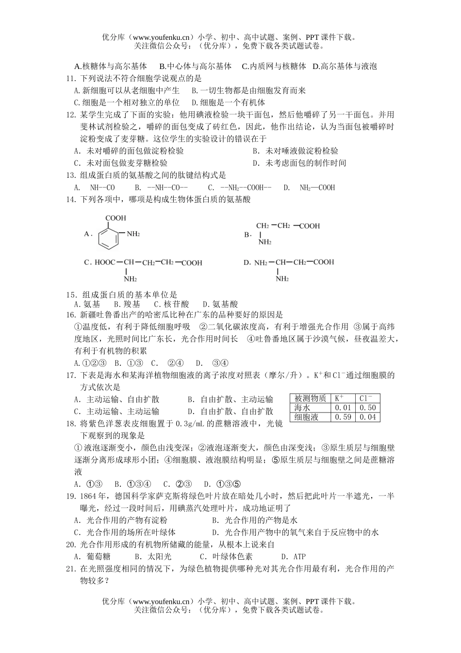 高中一年级生物级上学期必修1模块考试卷_第1页