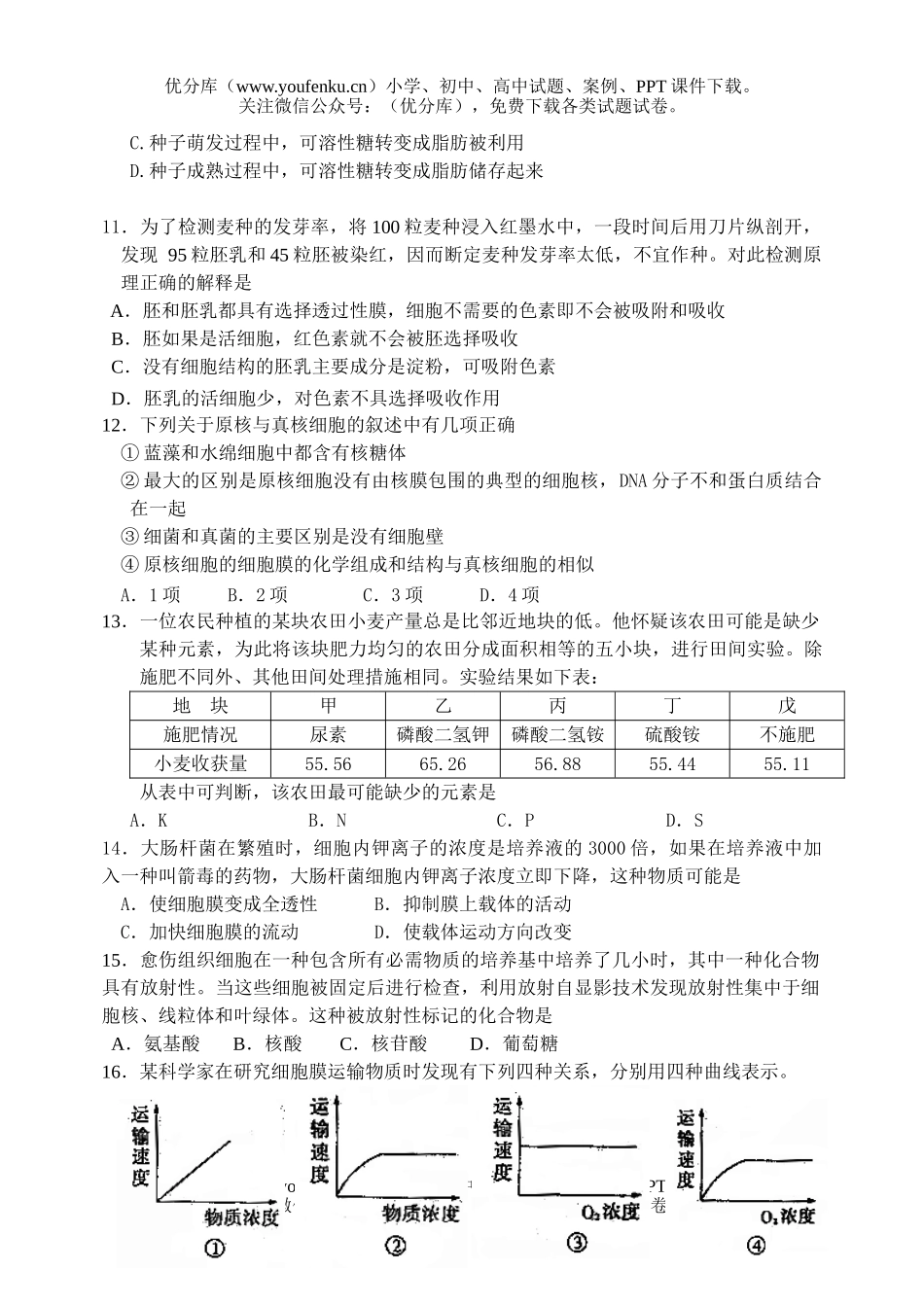 高中一年级生物第一学期期中考试卷_第3页