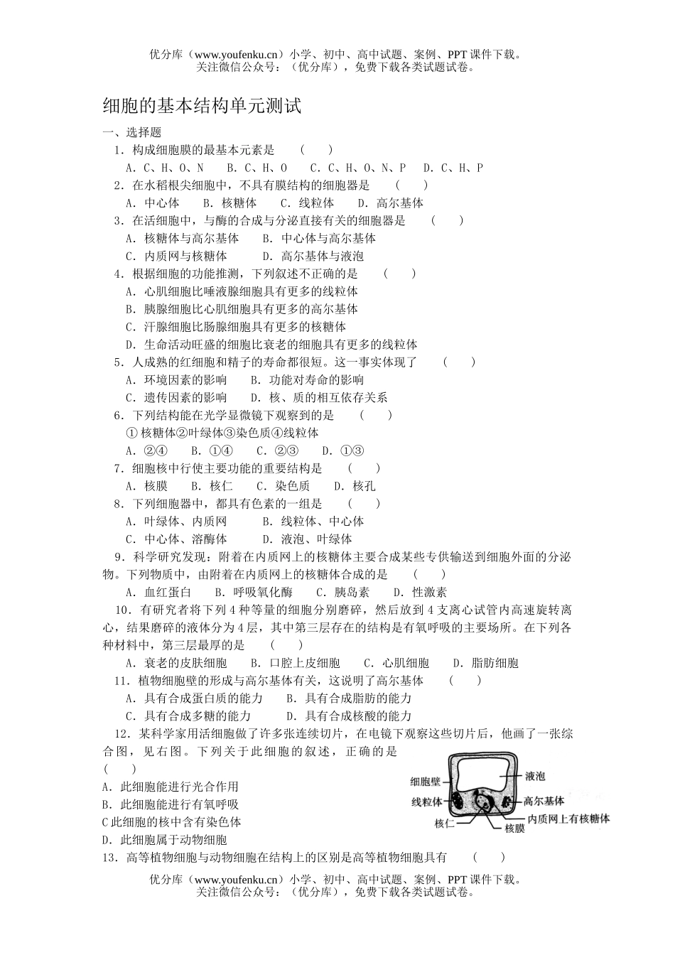 高中一年级生物细胞的基本结构单元测试卷_第1页