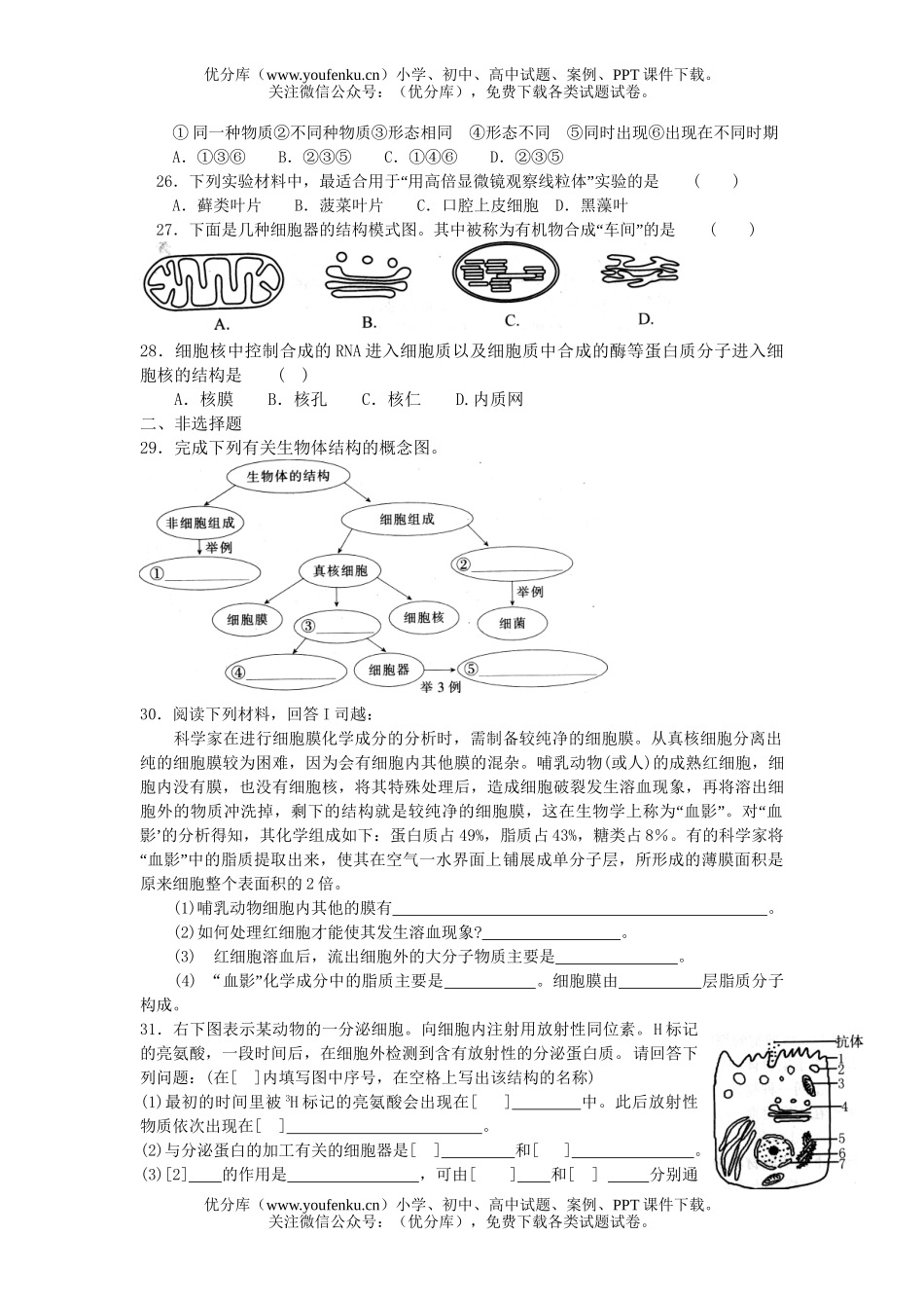 高中一年级生物细胞的基本结构单元测试卷_第3页