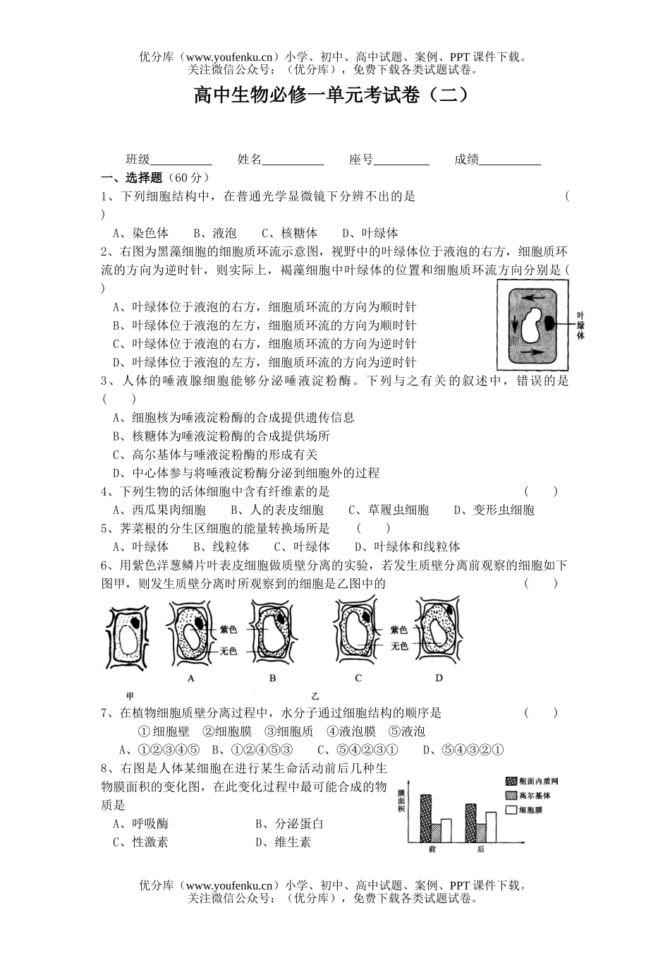 高中一年级生物必修一单元考试卷_第1页