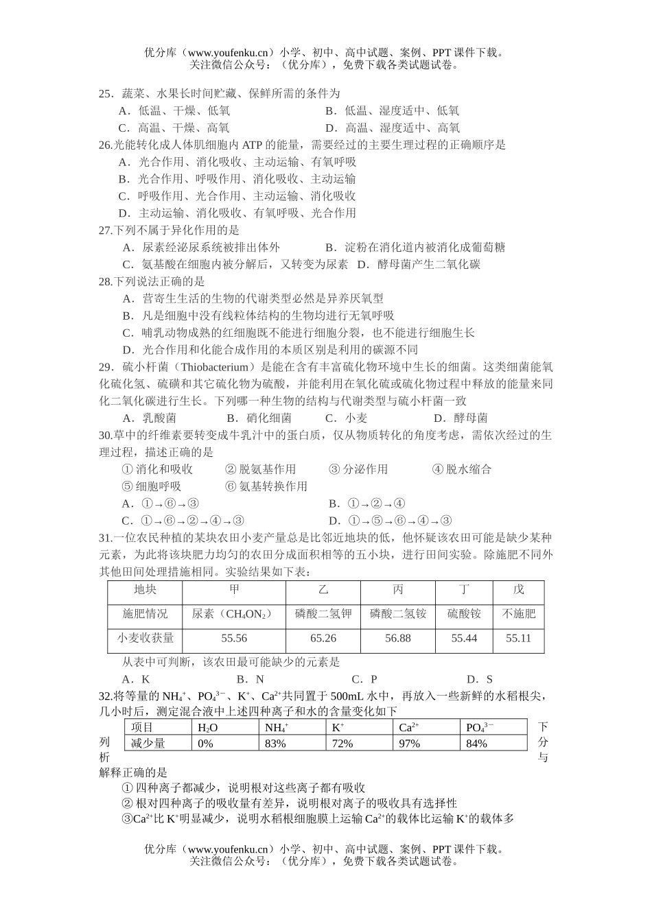 高中一年级生物高下学期期中考试卷_第3页