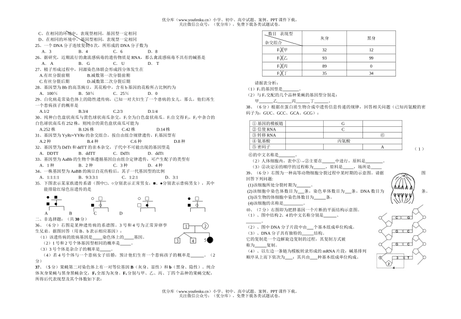 高中一年级生物高第二学期期中考试卷_第2页