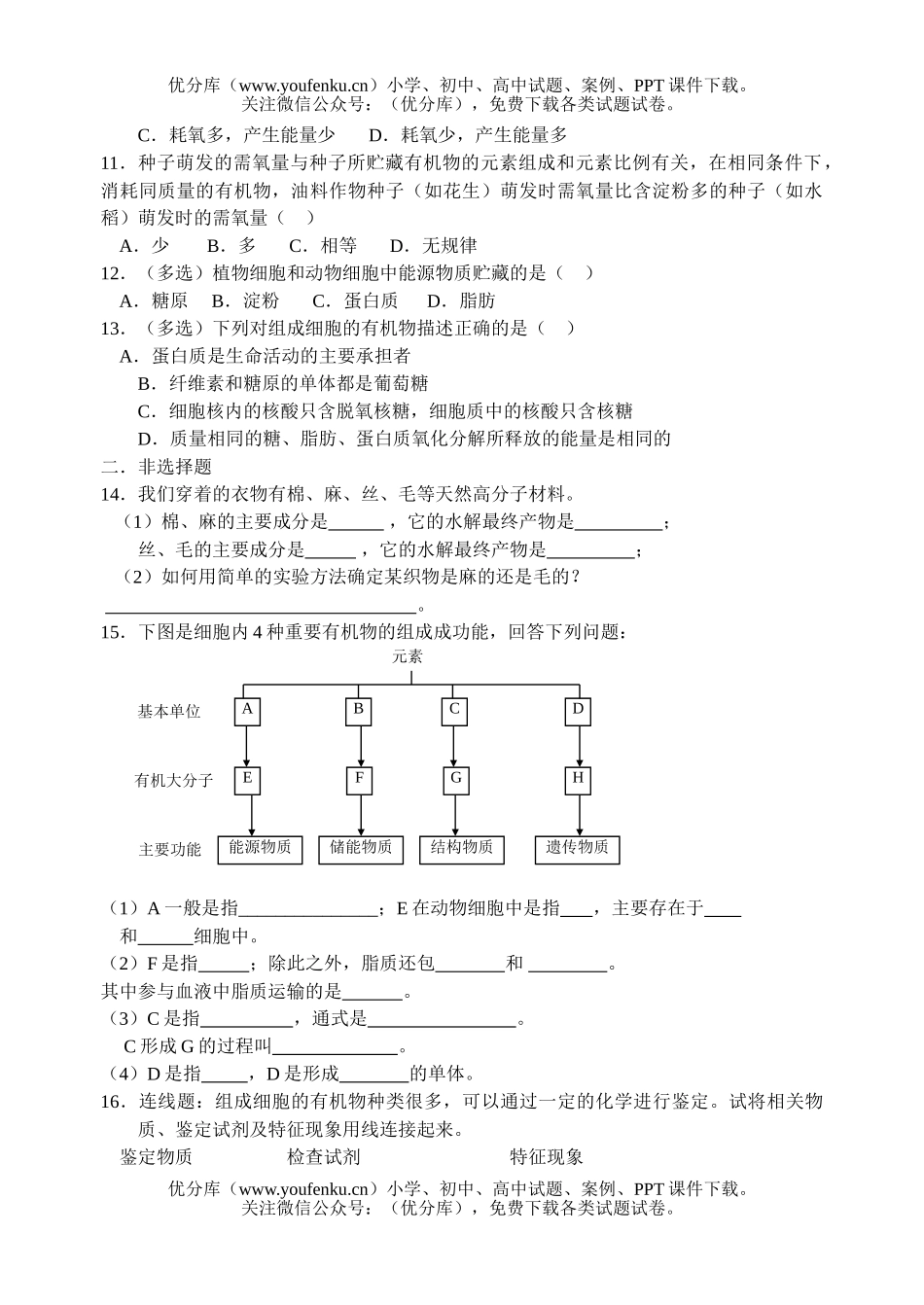 高中一年级生物细胞中的糖类和脂质测试卷_第2页