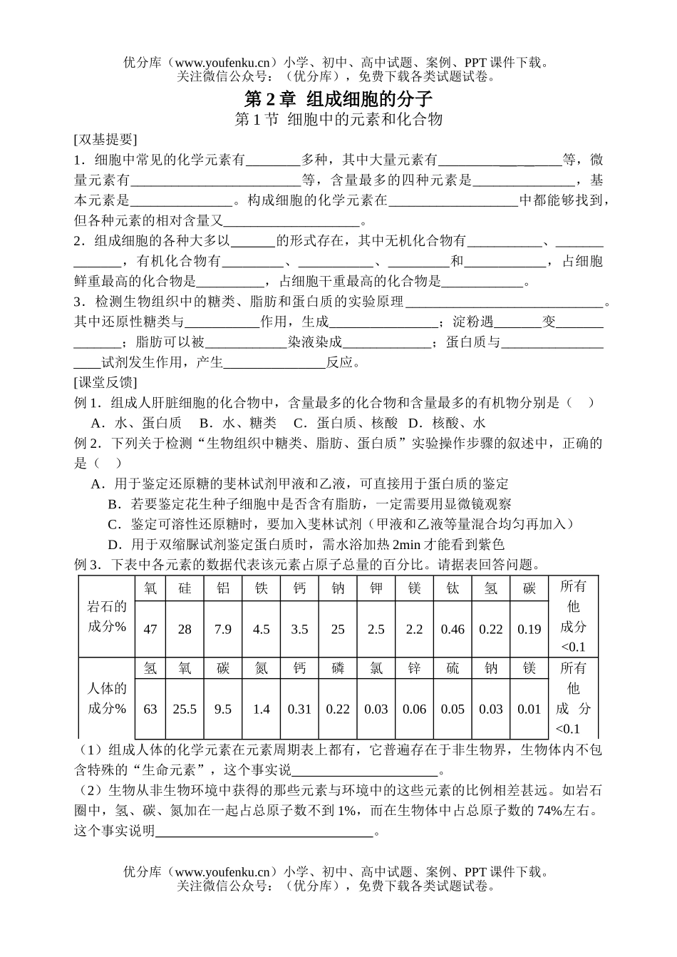 高中一年级生物细胞中的元素和化合物测试卷_第1页