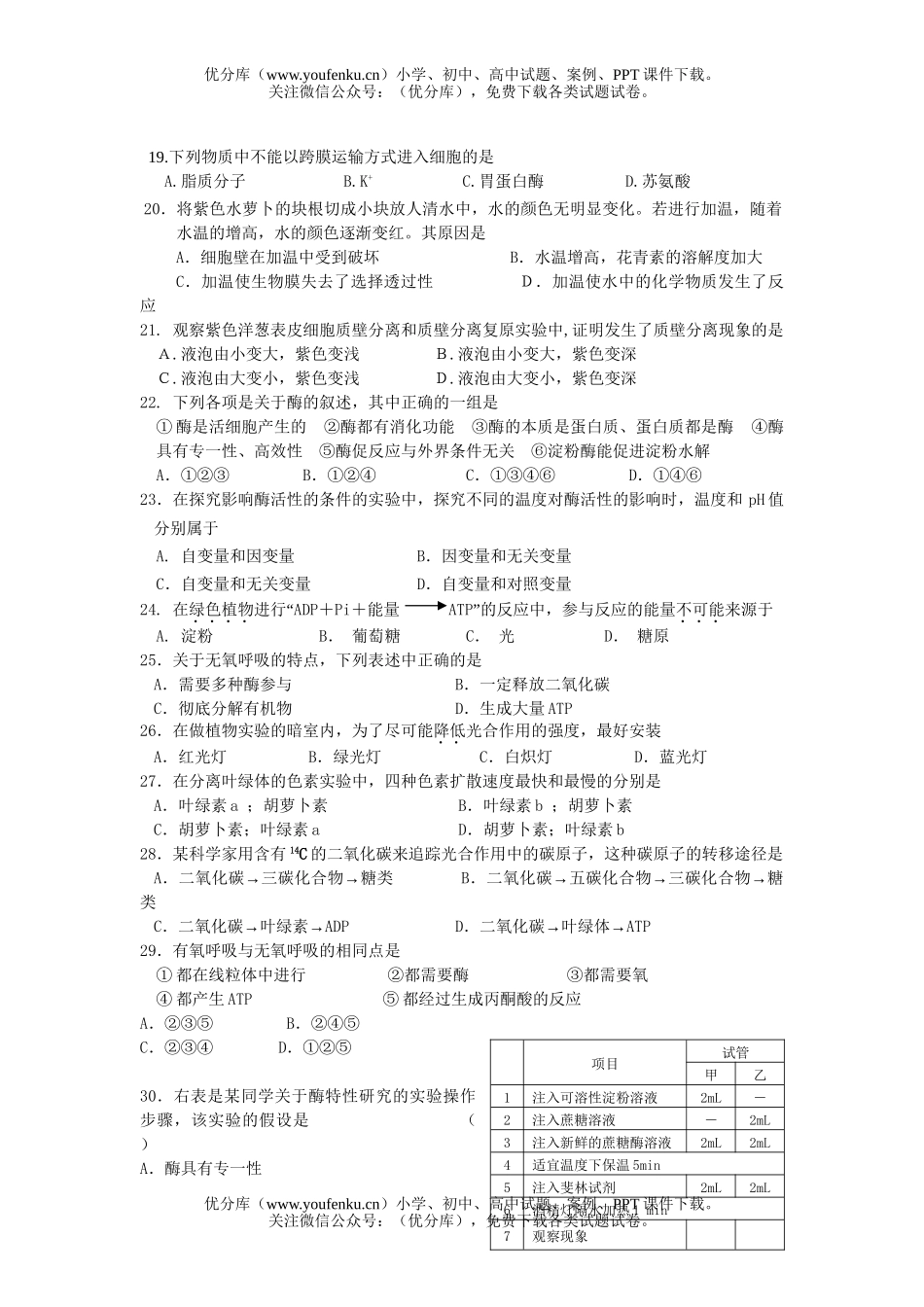 高中一年级生物第一学期期末统考试卷_第2页