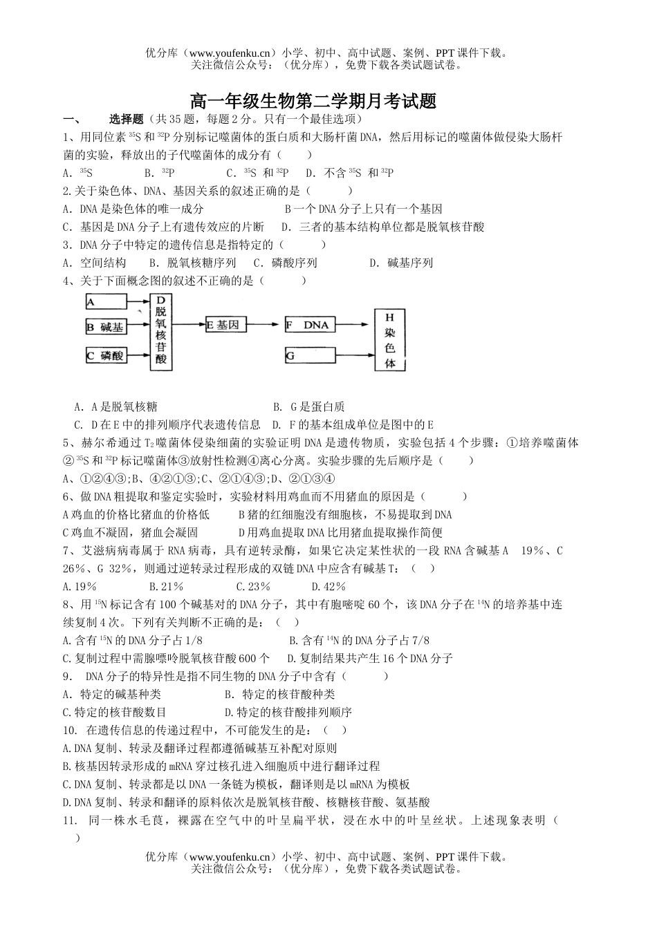 高中一年级生物高第二学期月考试卷_第1页