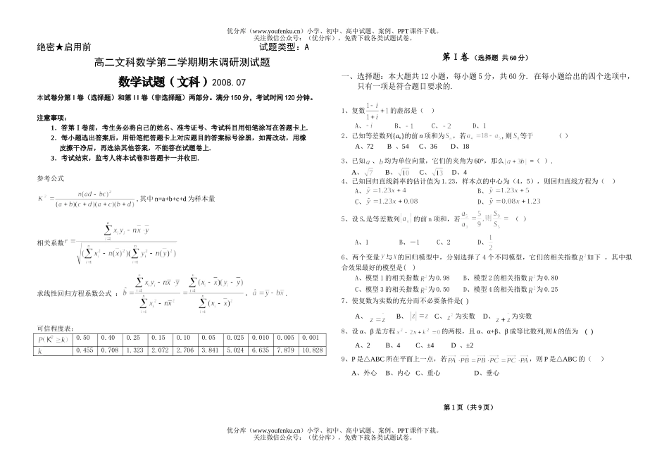高中二年级数学文科第二学期期末调研测试卷_第1页