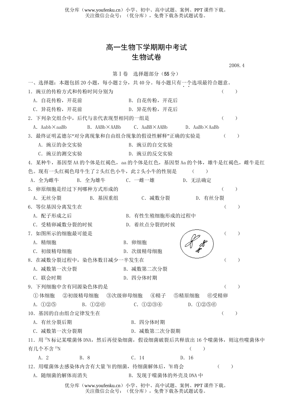 高中一年级生物下学期期中考试卷_第1页