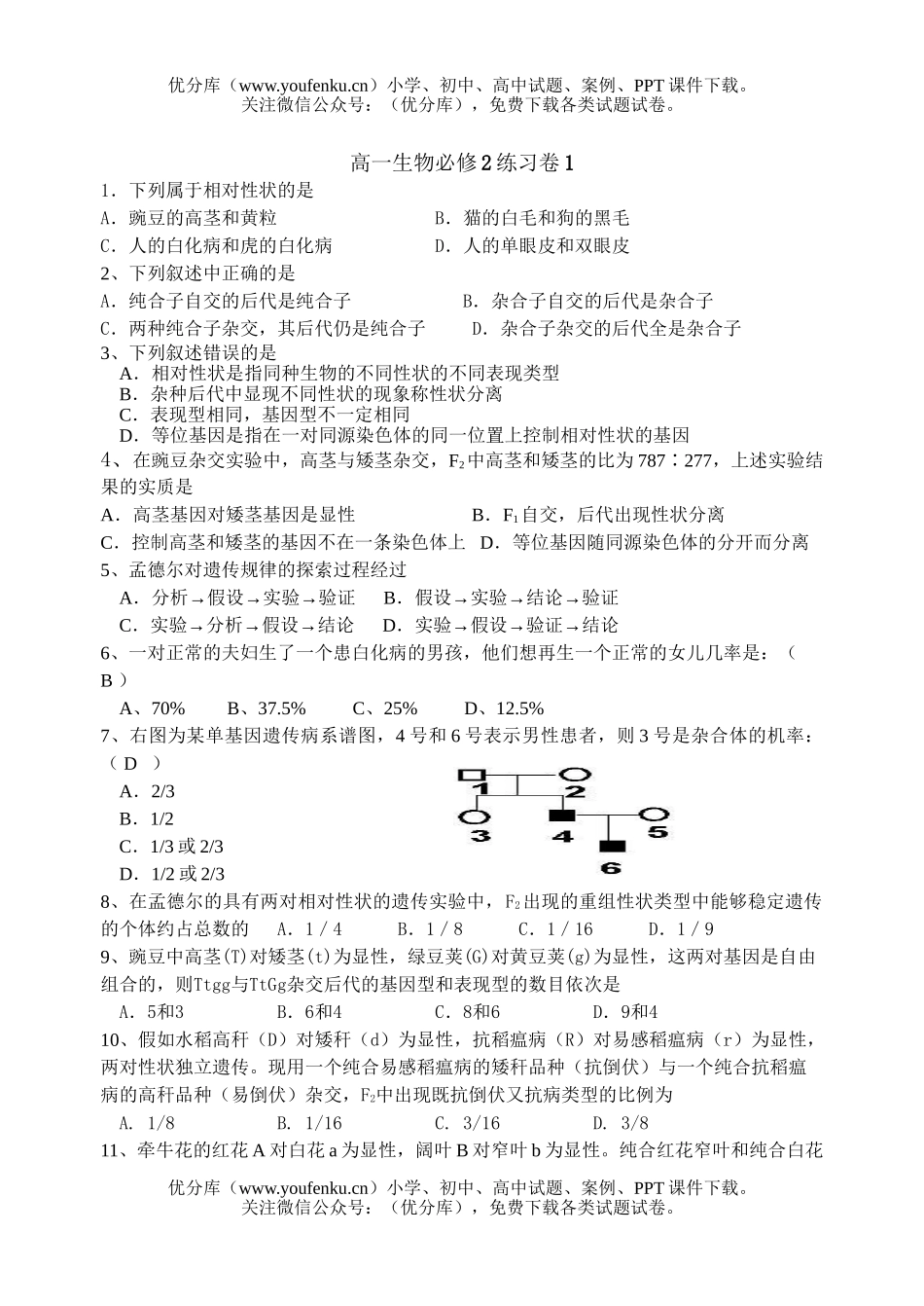 高中一年级生物必修2练习试卷_第1页