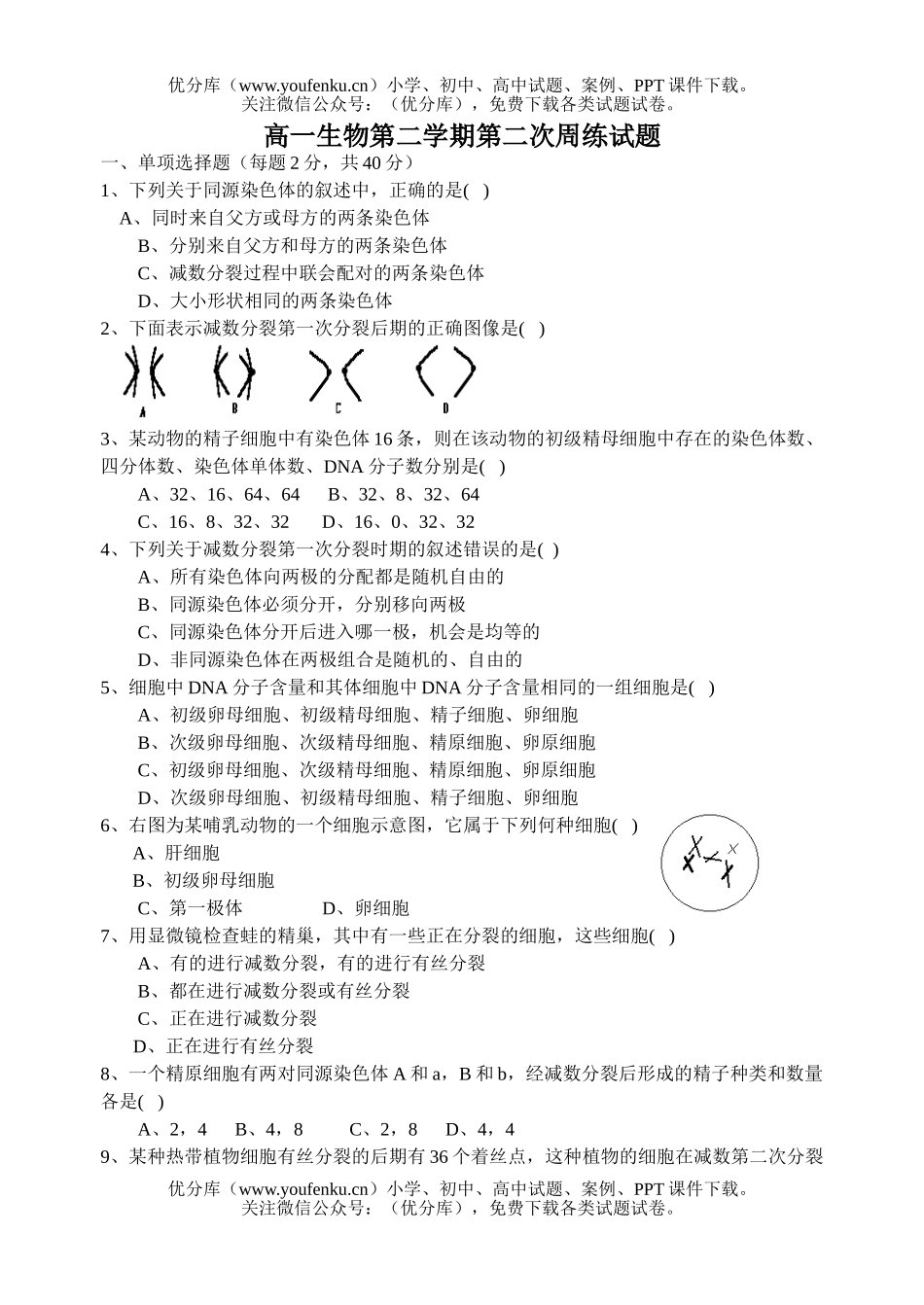 高中一年级生物第二学期第二次周练试卷_第1页