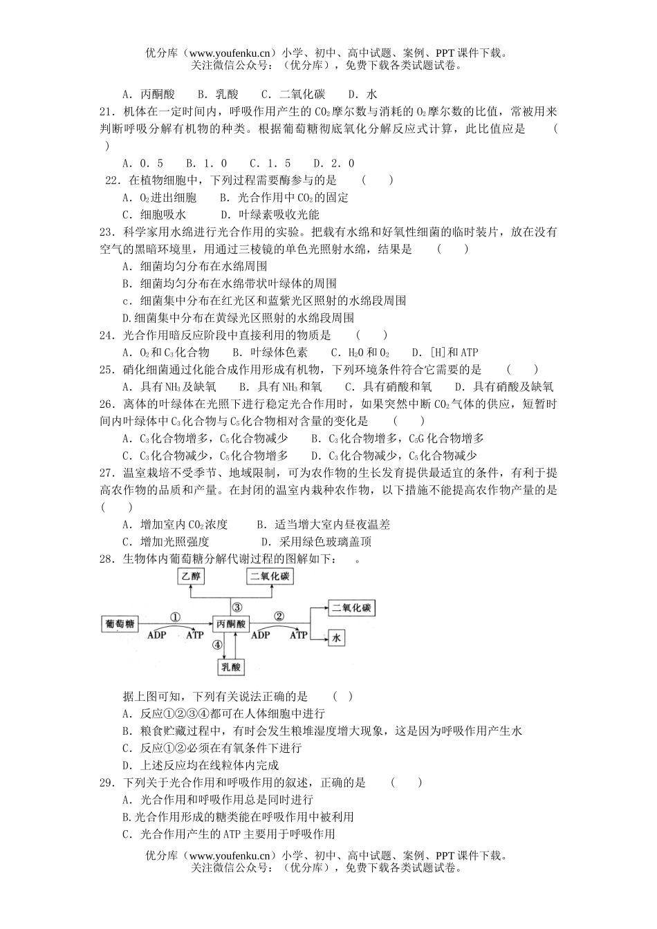 高中一年级生物细胞的能量供应和利用测试卷_第2页