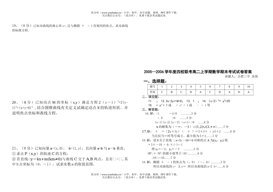 高中二年级数学合肥市四校联考上学期期末考试卷_第2页