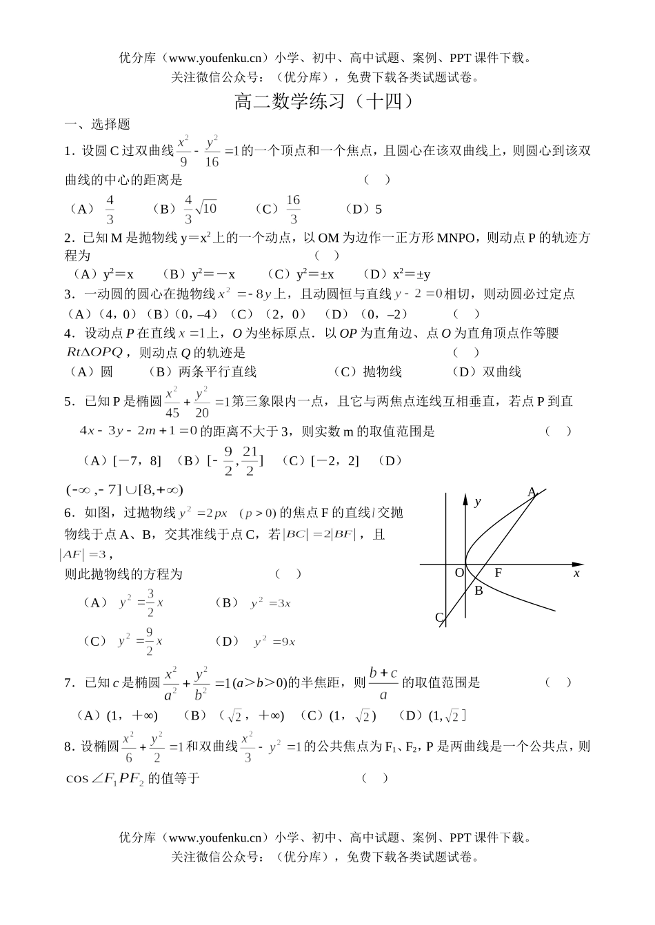 高中二年级数学练习(十四)(圆锥曲线)试卷_第1页