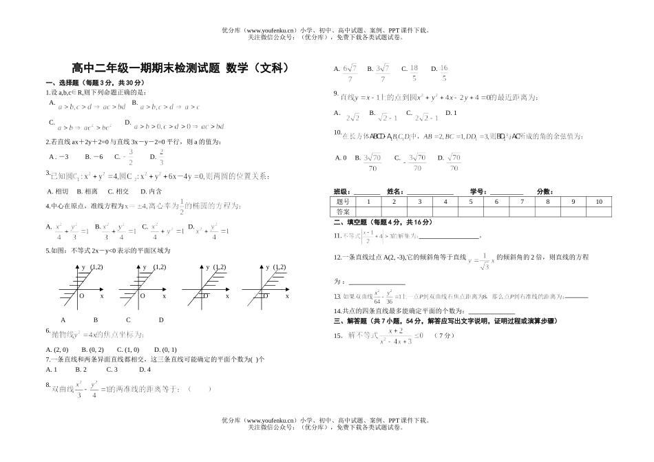 高中二年级数学一期期末检测 (文科)试卷_第1页