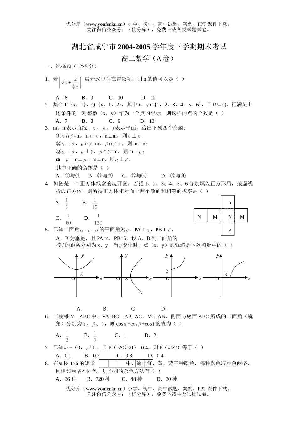 高中二年级数学下学期期末考试(附答案)试卷_第1页