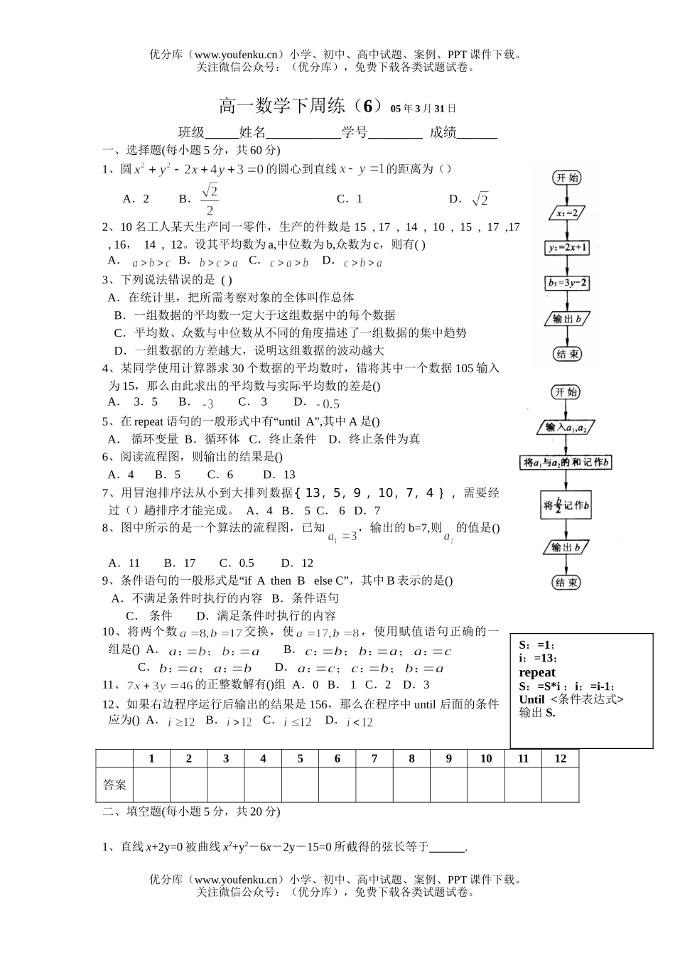 高中二年级数学南海一中周练(6)试卷_第1页