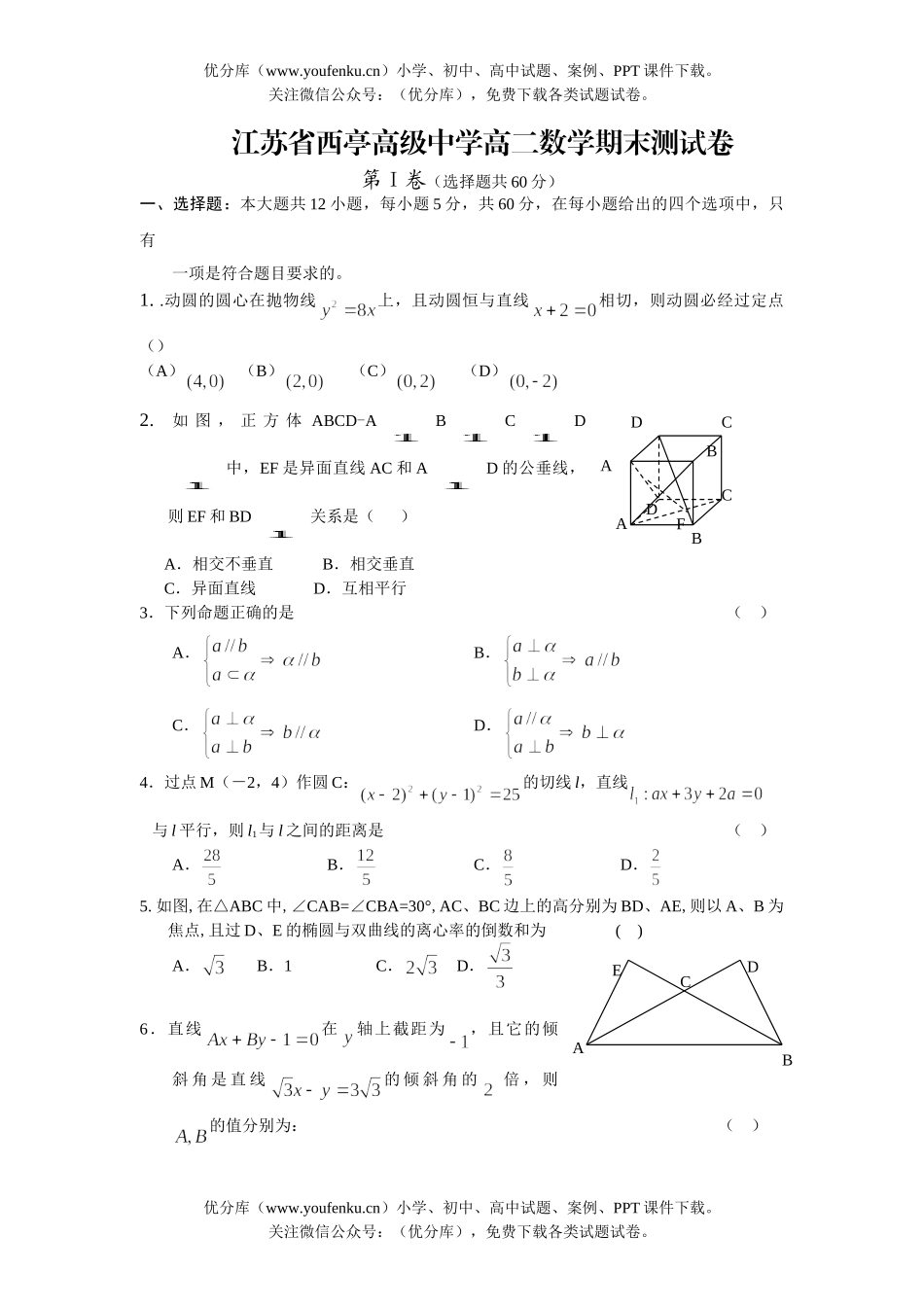 高中二年级数学江苏省西亭高级中学期末测试卷_第1页