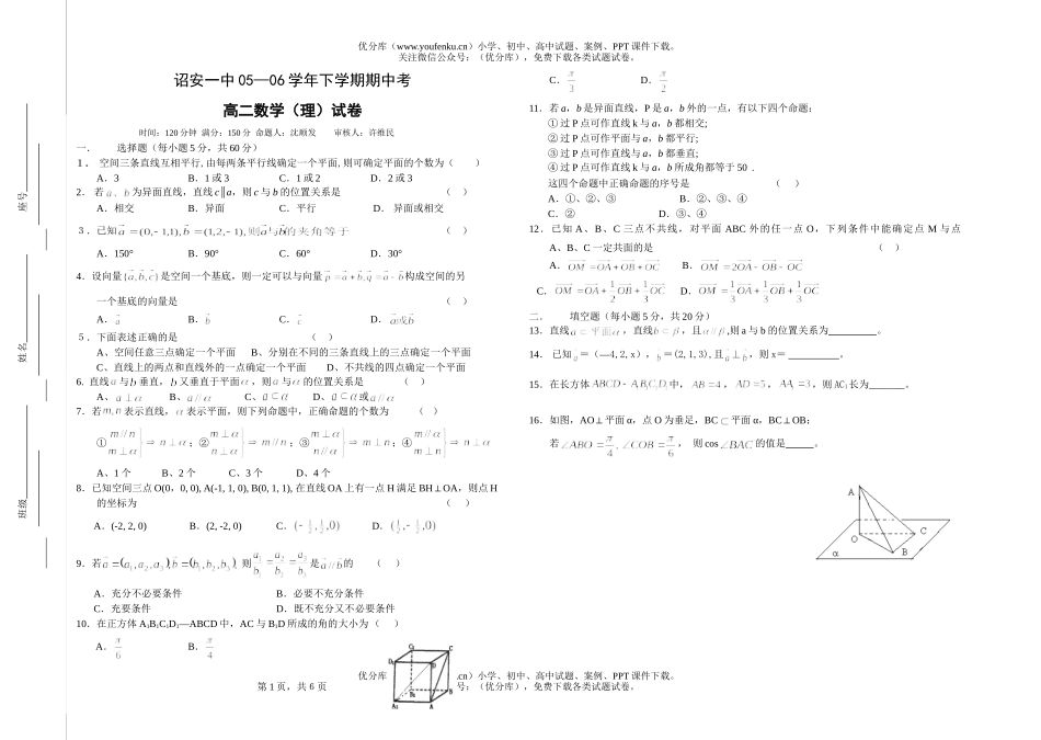 高中二年级数学下学期期中考试卷_第1页