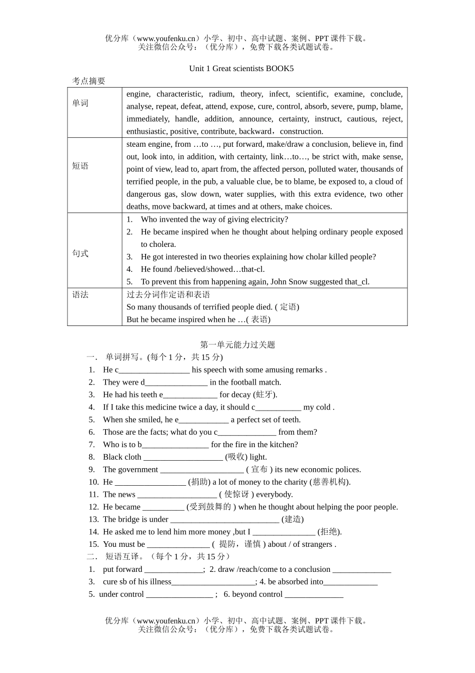 高中二年级英语上学期unit1book5过关试卷_第1页