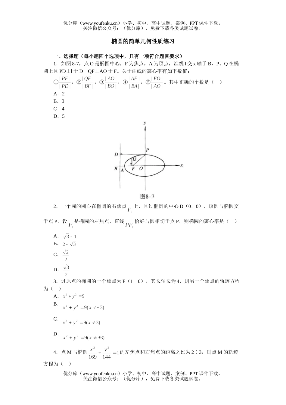 高中二年级数学椭圆的简单几何性质练习试卷_第1页