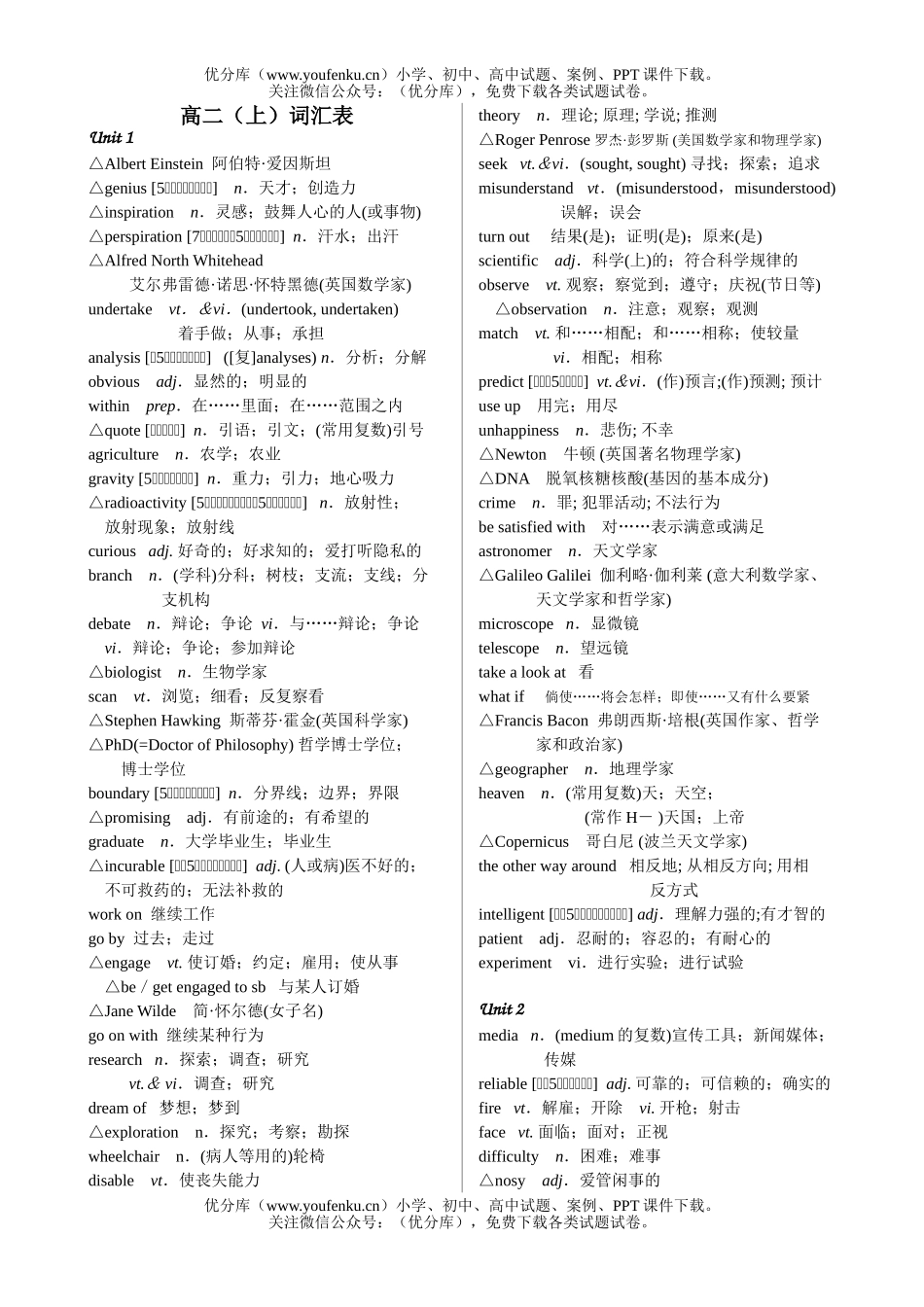高中二年级英语人教版(上)词汇表[按单元顺序]试卷_第1页