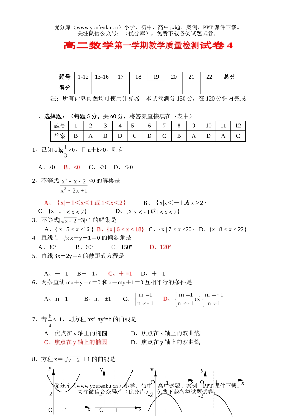高中二年级数学第一学期教学质量检测4试卷_第1页