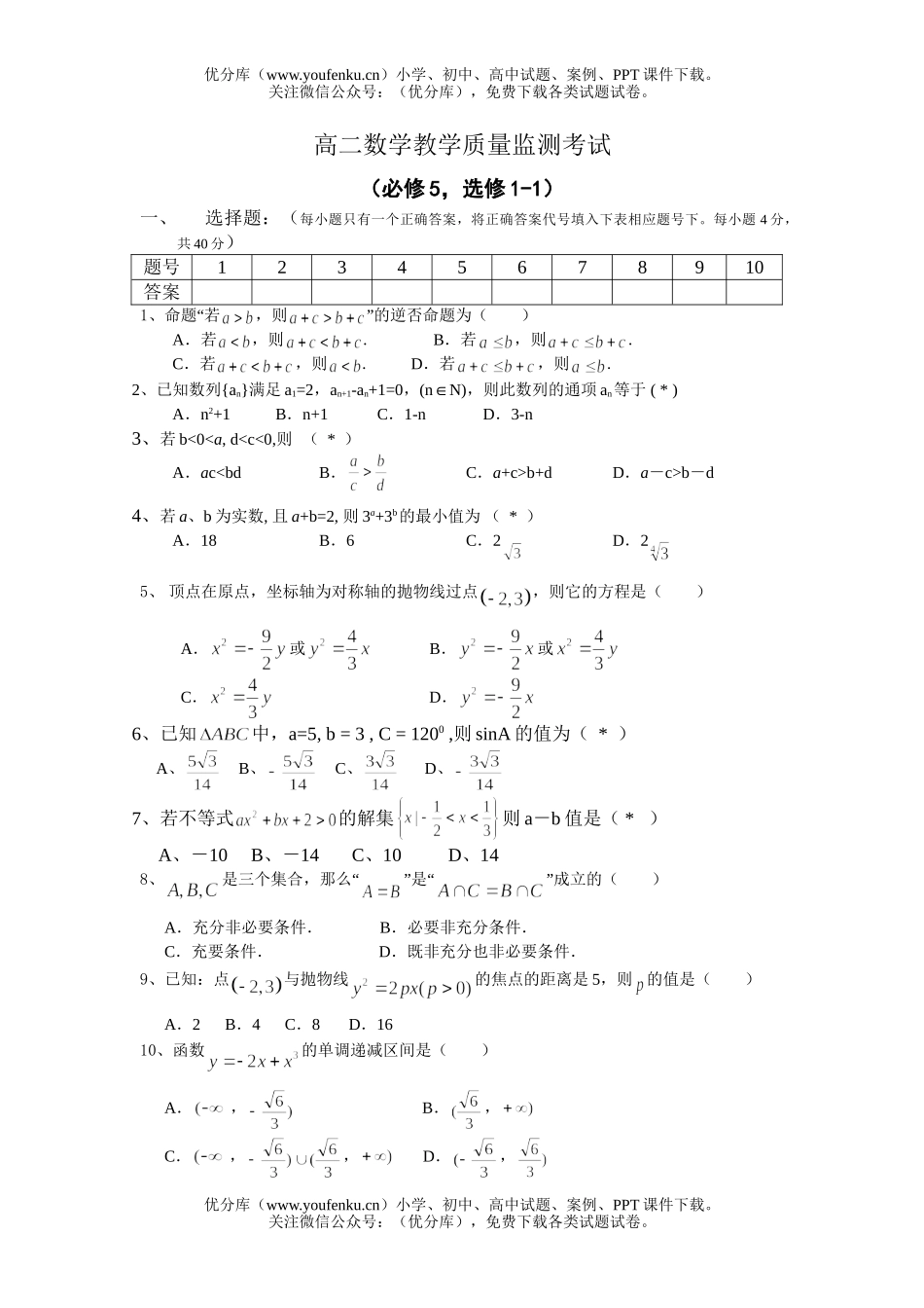 高中二年级数学教学质量监测考试卷_第1页
