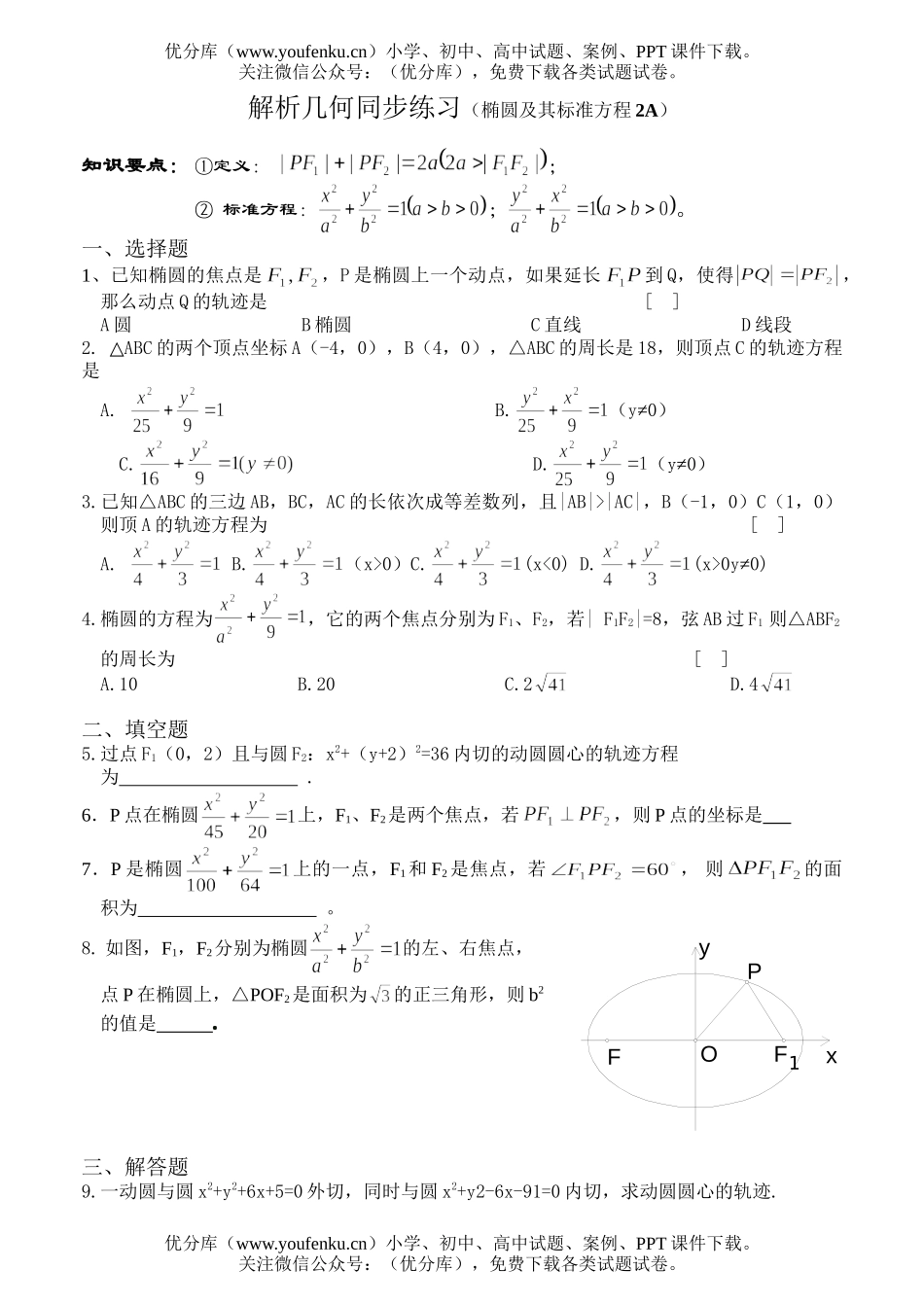 高中二年级数学解析几何同步练习(椭圆及其标准方程2A)试卷_第1页