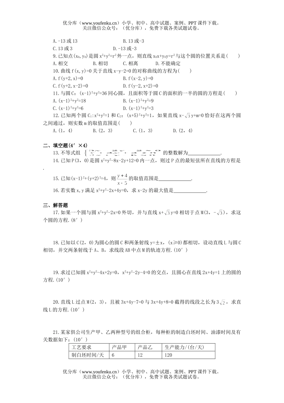 高中二年级数学直线和圆的方程单元达标检测(AA级)试卷_第2页