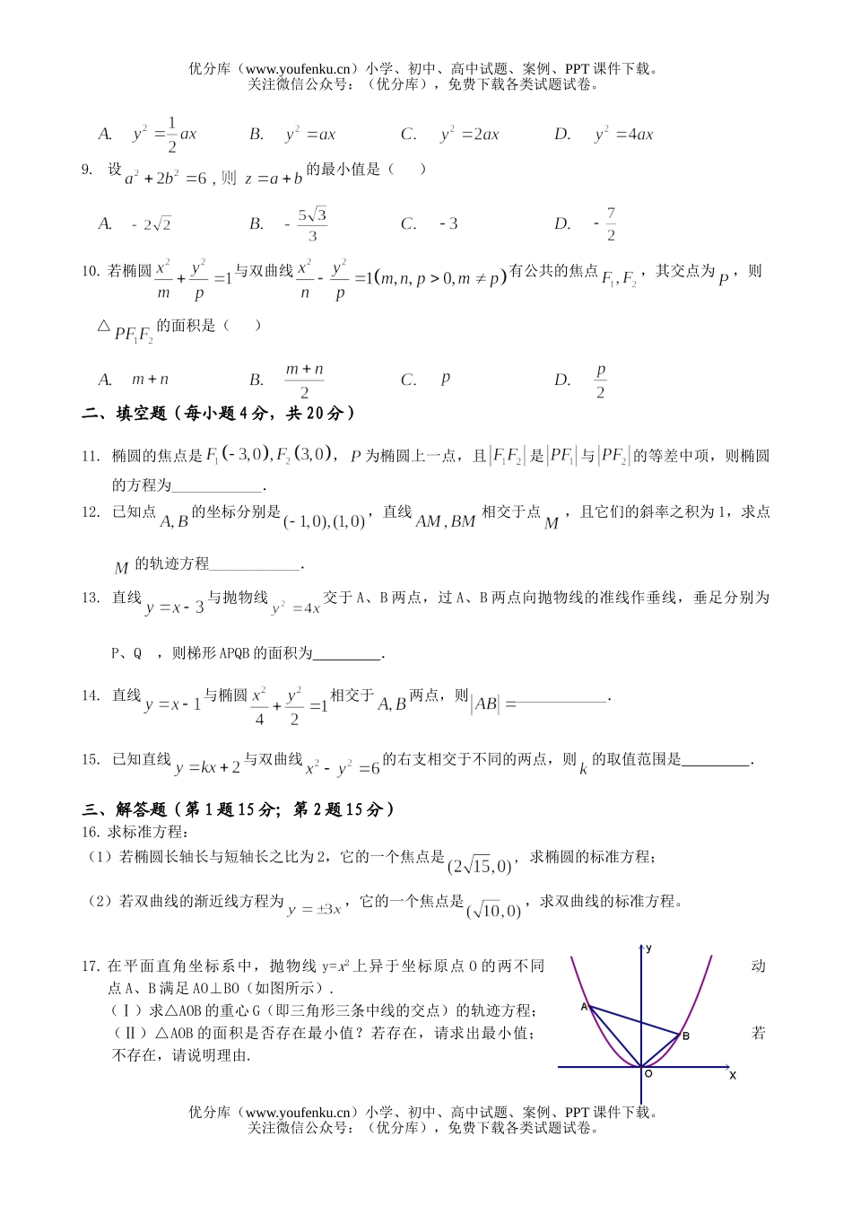 高中二年级数学级单元测《圆锥曲线与方程》试卷_第1页