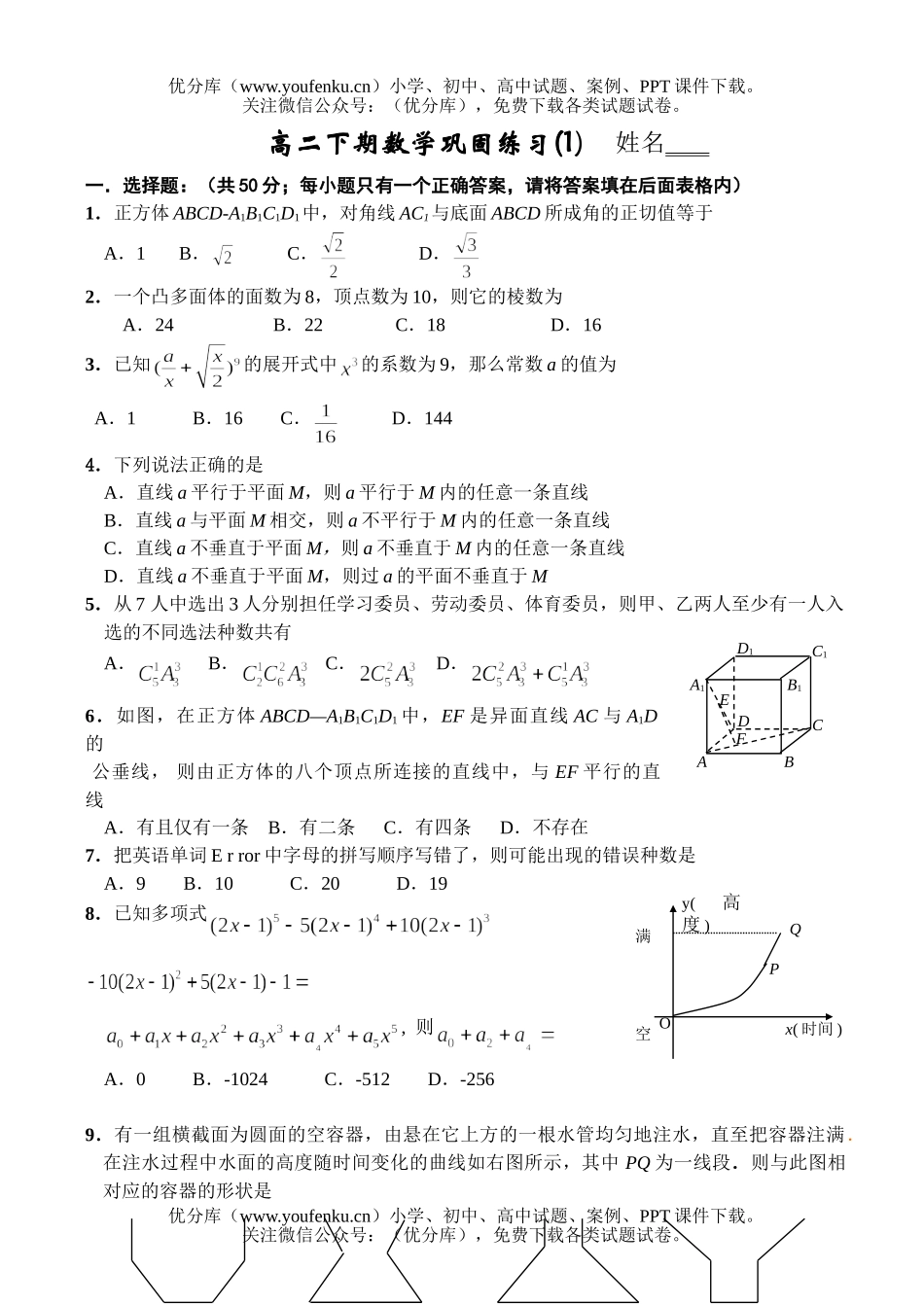 高中二年级数学下期巩固练习1试卷_第1页